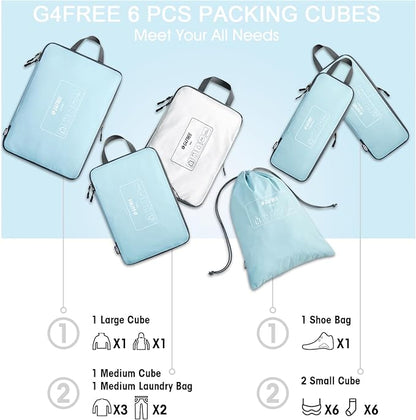 G4Free 6 Set Compression Packing Cubes, 3 sizes Travel Packing Organizers for Suitcases, Expandable Luggage Suitcase Storage Bags Set, Lightweight Packing Cubes Travel Essentials