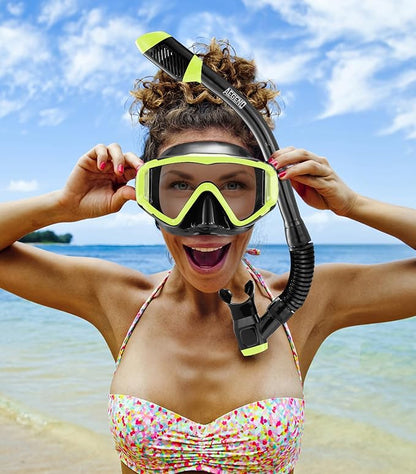 Aegend Snorkeling Gear for Adults Youth Kids, Dry Snorkel Set Panoramic View Enhanced Anti-Leak and Anti-Fog Technology, Adjustable Strap for Snorkeling Scuba Diving Swimming with Mesh Bag