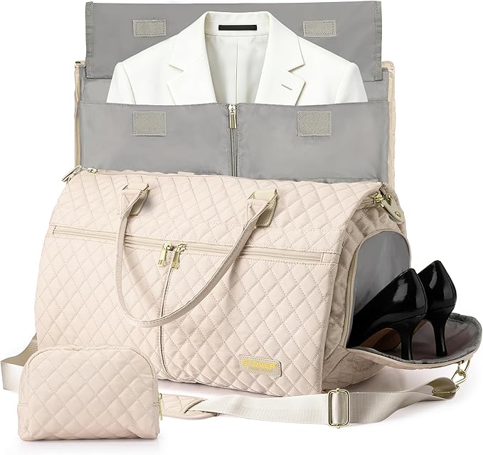 STOVER Women’s Convertible Garment Duffel Bag for Travel – 2-in-1 Carry-On Weekender/Overnight Tote - Wrinkle-Free Dresses, Hanging Suits & Clothes + Shoe Compartment & Bonus Toiletry Bag (Cream)