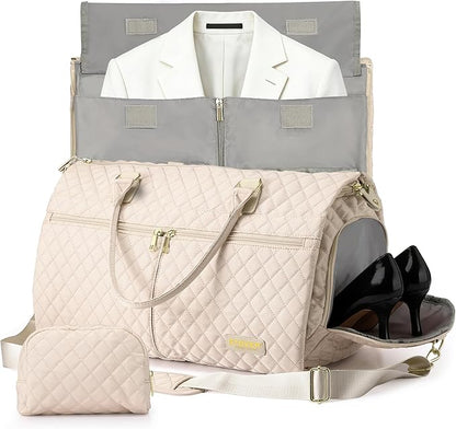STOVER Women’s Convertible Garment Duffel Bag for Travel – 2-in-1 Carry-On Weekender/Overnight Tote - Wrinkle-Free Dresses, Hanging Suits & Clothes + Shoe Compartment & Bonus Toiletry Bag (Cream)