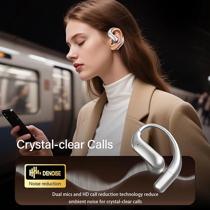 Wentronic Open Ear Headphones, Wireless Earbuds Bluetooth 5.4 with Digital Display, Secure Earhook, 48H Playtime, Enhanced Sound, Clear Calls, IP55 Waterproof Ultra-Light Sports Headphones - Silver