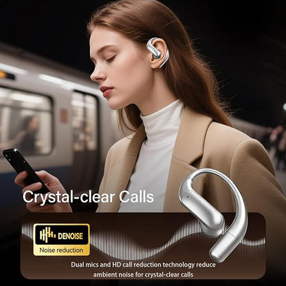 Wentronic Open Ear Headphones, Wireless Earbuds Bluetooth 5.4 with Digital Display, Secure Earhook, 48H Playtime, Enhanced Sound, Clear Calls, IP55 Waterproof Ultra-Light Sports Headphones - Silver