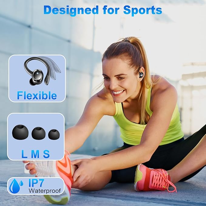 Wireless Earbuds Sport, New Bluetooth 5.4 Headphones with Earhooks, 50H Stereo Deep Bass Over Ear Buds with 4 ENC Noise Canceling Mics, IP7 Waterproof Earphones for Running Workout Gym -Black