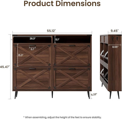 Shoe Storage Cabinet with 4 Flip Drawers Narrow Shoe Rack Cabinet Farmhouse Design Freestanding Shoe Organizer with Open Storage for Entryway,Hallway,Foyer,Walnut