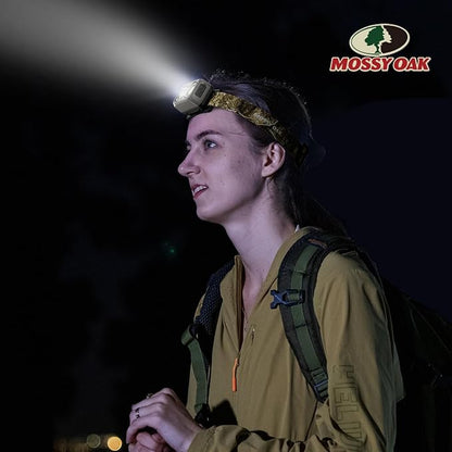 Mossy Oak 600 Lumens Rechargeable Headlamp, Lightweight LED Headlight with White & Red Light, Waterproof Head Lamp with Non-Slip Band, Dimmable & Memory Function for Camping, Running, Christmas Gifts