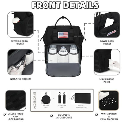 Diaper Bag Backpack for Dad and Men, Large Travel Baby Bag with Changing Pad, Pacifier Case, Removable Flag Patch - Baby Shower Gifts - Shadow Black