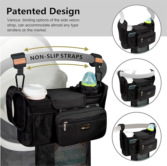 TOPDesign Universal Baby Stroller Organizer, Stroller Caddy with Detachable Mesh Bag & Heightened Insulated Cup Holders & Non-Slip Secure Hooks Accessories, Fits Most Strollers (Grey)