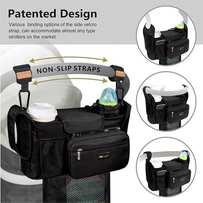 TOPDesign Universal Baby Stroller Organizer, Stroller Caddy with Detachable Mesh Bag & Heightened Insulated Cup Holders & Non-Slip Secure Hooks Accessories, Fits Most Strollers (Peony)