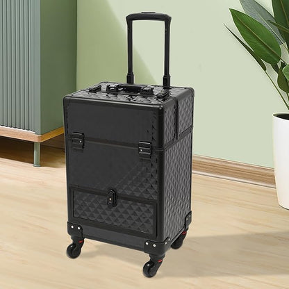 Rolling Makeup Train Case,Multi-functional Cosmetic Trolley with 360° Swivel Wheels Keys,Salon Barber Case Traveling Cart for Nail Technicians Hairstylist (Black)