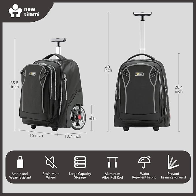 NEW TILAMI 20" Rolling Backpack for Teens Adults, Climbing Stairs Waterproof Backpack with Wheels for School Business Trave Camping with Laptop Compartment, Fit 17 Inch Laptop, Black