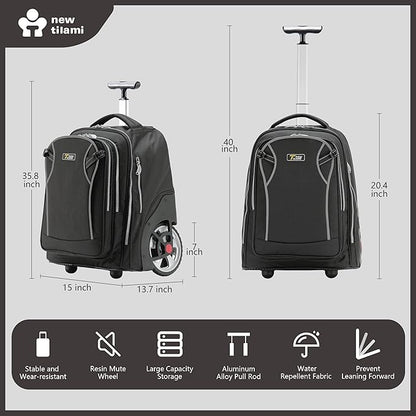 NEW TILAMI 20" Rolling Backpack for Teens Adults, Climbing Stairs Waterproof Backpack with Wheels for School Business Trave Camping with Laptop Compartment, Fit 17 Inch Laptop, Black