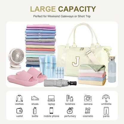 Dance Gym Duffel Bag for Teen Girls, Personalized Initial Travel Weekender Bag,Cute Overnight Carry On Duffle for Women,Sports Travel Cheer Bag,Monogram Christmas Gifts for Tween Preppy(beige-J)