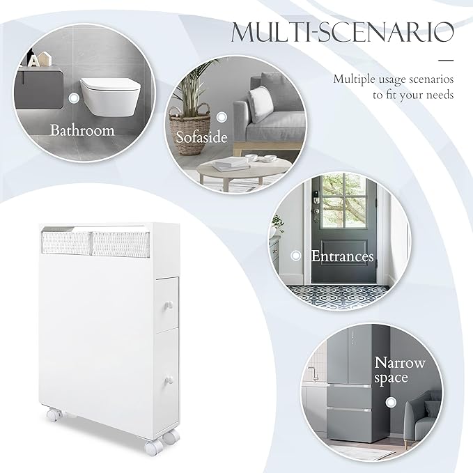 MASAKA B&W Slim Bathroom Storage Cabinet, Side Storage Organizer Toilet,Toilet Paper Storage, Movable Bathroom Storage Cabinet with 2 Drawers and Shelf, Corner Shelves