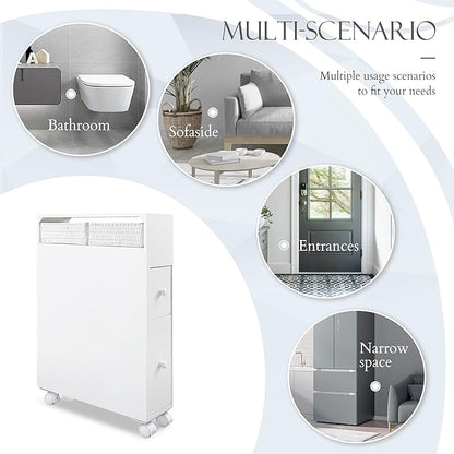 MASAKA B&W Slim Bathroom Storage Cabinet, Side Storage Organizer Toilet,Toilet Paper Storage, Movable Bathroom Storage Cabinet with 2 Drawers and Shelf, Corner Shelves