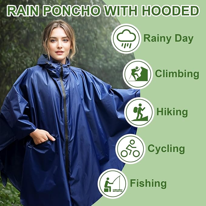 Hooded Rain Ponchos for Adult - Rain Coat and Rain Jacket with Waterproof Pocket and Zipper