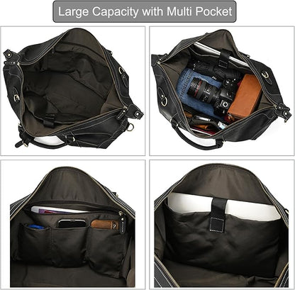 Full-grain Genuine Leather Travel Bag Large Capacity Luggage Duffel Bag for Men Shoulder Handbag Holiday Business Trip Bag, Black