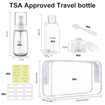Travel Bottles for Toiletries 10 Pcs 3.4oz Travel Size Toiletries TSA Approved Pre-labeled Travel Shampoo Bottles Refillable Spray Bottle Leak Proof Small Cream Jars for Body Wash Lotion(Clear)