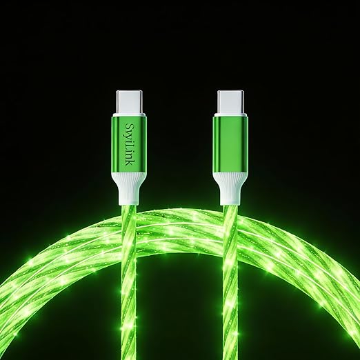 USB Cable PD Fast Charger Lighted Up (USB C TO C Starry Green)Mobile phone data cable, charging cable, supports data transfer, 39-inch, TPE material, compatible with almost all Type-C devices