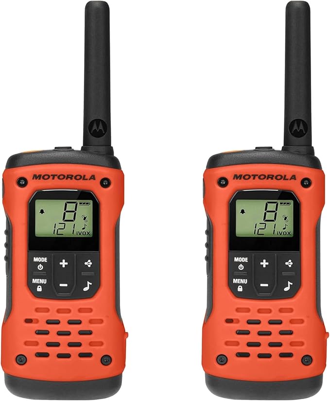 Motorola Solutions, Portable FRS Talkabout T605 H2O Two Way Radios 4-Pack, Walkie Talkies Orange Waterproof 10 PTT Earpieces Rechargeable, Carrying Case, Orange/Black