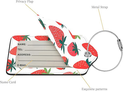 2 Pcs Luggage Tags for Suitcase, Cute Unique PU Leather Travel Bag Tag with Privacy Cover ID Label Address Card and Durable Metal Ring Suitable for Men Women Children Backpack,Strawberry Pattern