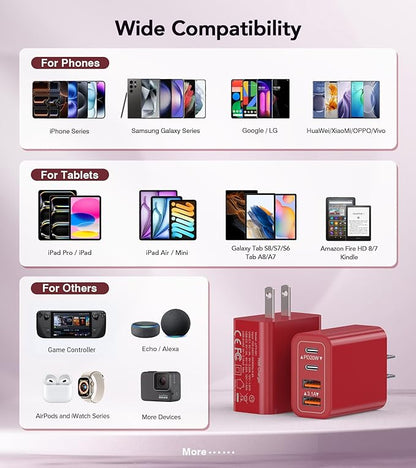 40W USB C Wall Charger, 2-Pack Super Fast Charging Block PD+QC 4 Port Charger Cube for iPhone 17/16,iPad Pro/Mini/Air, iPod Nano, iPod Touch, Switch, Smart Phone, Smartwatches and Tablet(Red)