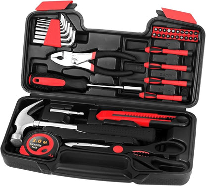 39 Piece Home Tool Kit General Household Hand Tool Set small tool box with Toolbox Storage Case for Everyday Home Repairs, Mini Tool kit for Women (Red)