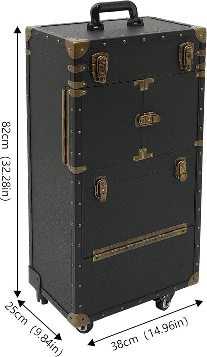Beauty Rolling Makeup Train Case, Professional Lockable Rolling Salon Luggage, Retro-Rolling Cart Storage Organizer Trolley Make Up Case, 4 Universal Wheels, Retractable Rod, Buckle (Black)
