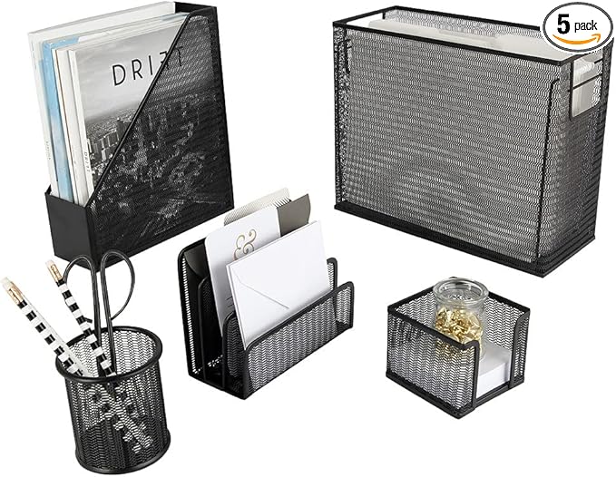 BLU MONACO Black Desk Organizer Set | 5-Piece Metal Office Supplies Collection with Hanging File Organizer, Magazine Holder, Pen Cup, Sticky Note Holder & Letter Sorter | Workspace Organization