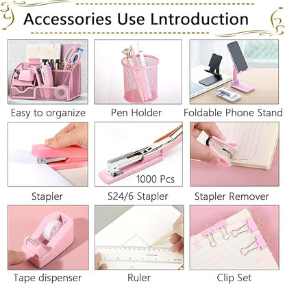 Office Supplies,Desk Accessories,Stapler and Tape Dispenser Set,1000 Staples,Staple Remover,Pen Holder,Folding Phone Holder,Journal Notebook,Ballpoint Pen,Scissor,Ruler,Clear Tape,Sticky Notes,Ect