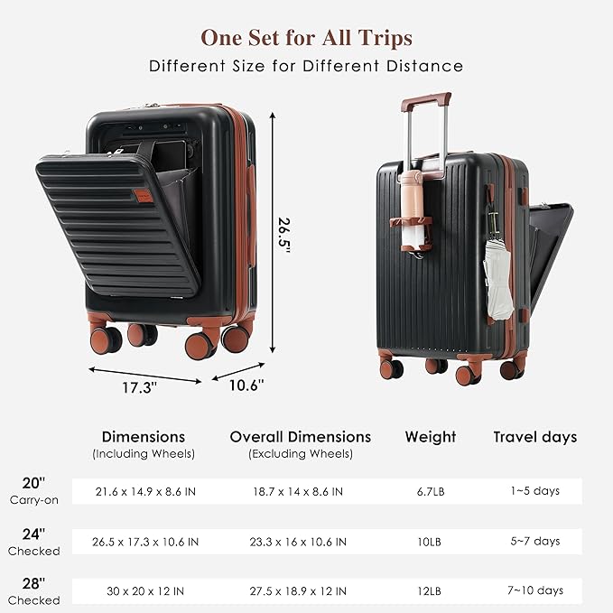 Merax Front Opening 20-Inch Carry-On Luggage with Expandable Travel Bag Set, ABS Hard Shell Two-piece Suitcase Set with USB Port, Cup Holder, ABS+black and brown