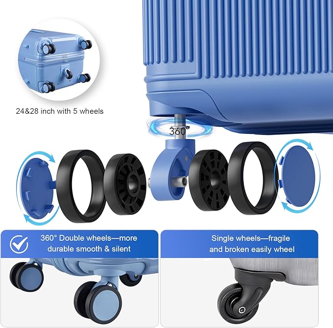 Travel Luggage Sets 3 Piece with Spinner Wheels, PC Hardside Suitcase Set for Family Trips with Cup and Phone Holder, Blue