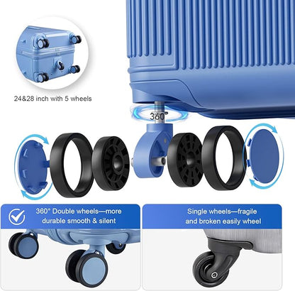 Travel Luggage Sets 3 Piece with Spinner Wheels, PC Hardside Suitcase Set for Family Trips with Cup and Phone Holder, Blue