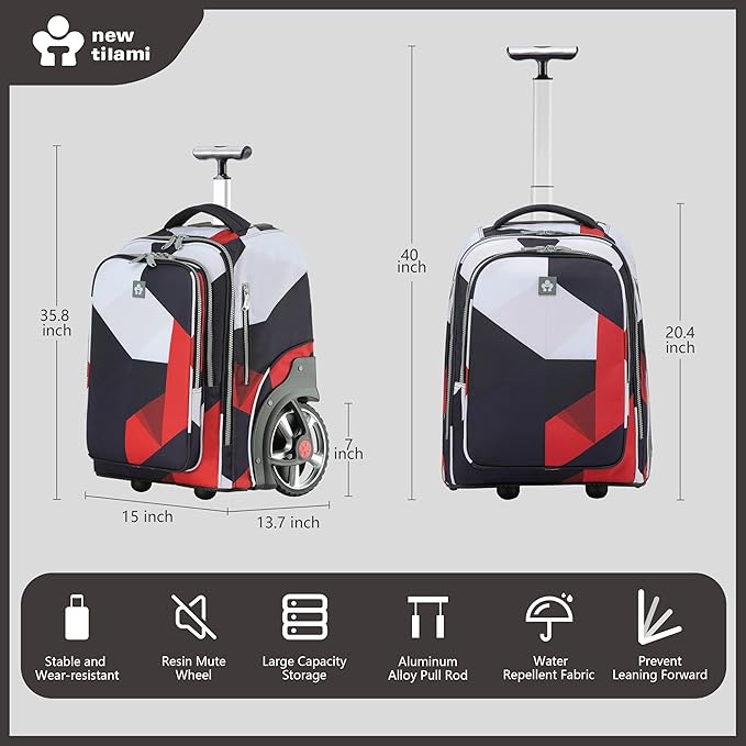 NEW TILAMI 20" Rolling Backpack for Teens Adults, Climbing Stairs Waterproof Backpack with Wheels for School Business Trave Camping with Laptop Compartment, Fit 17 Inch Laptop, Black - Red Combo