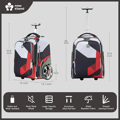 NEW TILAMI 20" Rolling Backpack for Teens Adults, Climbing Stairs Waterproof Backpack with Wheels for School Business Trave Camping with Laptop Compartment, Fit 17 Inch Laptop, Black - Red Combo