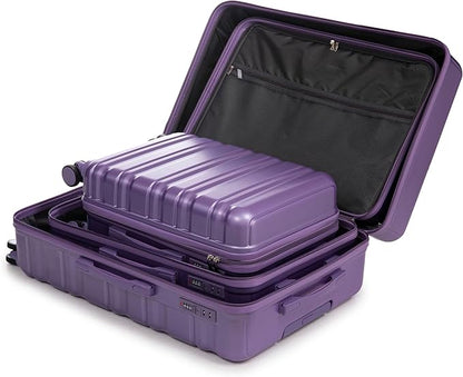 Campfun 3 Piece Luggage Sets, ABS Suitcase Set with Double Spinner Wheels Hang Hook, Durable Carry On Luggage with Combination Lock, 20/24/28 inch, Purple