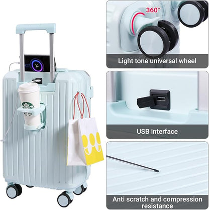 Carry-on Luggage with Cup Holder & USB Charging Port, Hard Side Luggage with Spinner Wheels, Lightweight Luggage for Travel, Business (Blue, Carry-On 20-Inch)