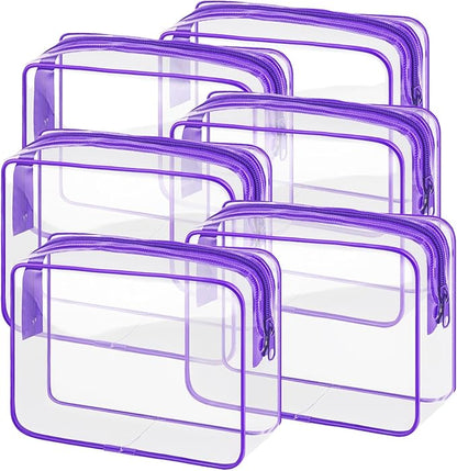 6 Pieces Clear Makeup Bags Bulk TSA Approved Toiletry Bag for Travel PVC Waterproof Clear Cosmetic Pouch with Zipper for Men and Women Carry-on Travel Essentials (Purple)