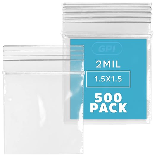 Clear Plastic Reclosable Zip Bags - Bulk GPI Pack of 500 1.5" x 1.5" 2 Mil Thick Strong & Durable Poly Baggies with Resealable Zip Top Lock for Travel, Storage, Packaging & Shipping.