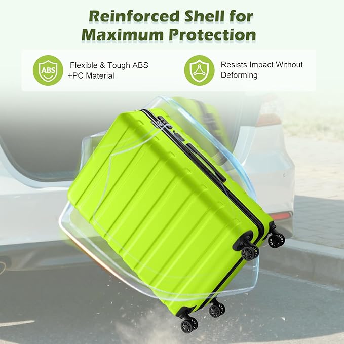 AnyZip Suitcase, 20" Carry On Luggage 14" Mini Cosmetic Cases Luggage Sets Hardside PC ABS Lightweight USB Suitcase with Wheels TSA (2 Piece Set 14/20, AppleGreen)