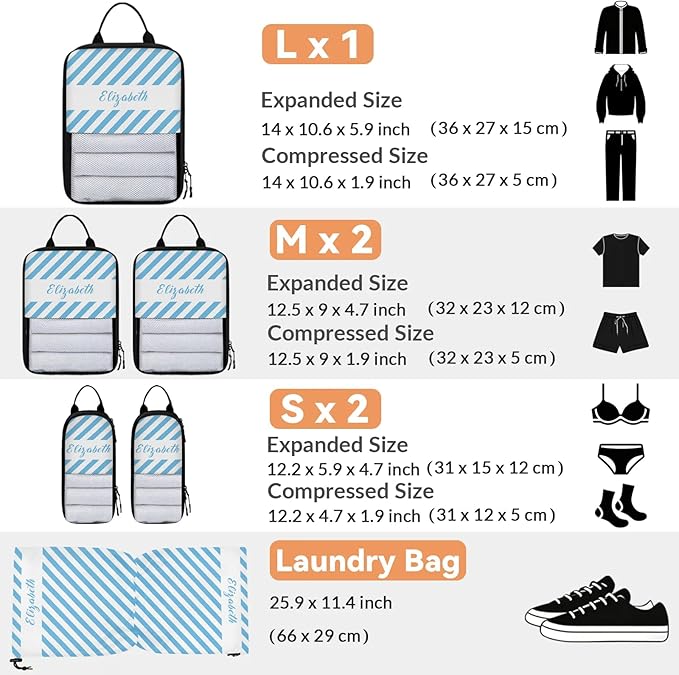 Custom 6 Set Compression Packing Cubes with Name Striped Personalized Compressible Expandable Packing Organizers Luggage Carry On Suitcase Bags Travel Accessories Gifts, Light Blue