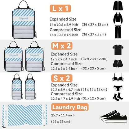 Custom 6 Set Compression Packing Cubes with Name Striped Personalized Compressible Expandable Packing Organizers Luggage Carry On Suitcase Bags Travel Accessories Gifts, Light Blue