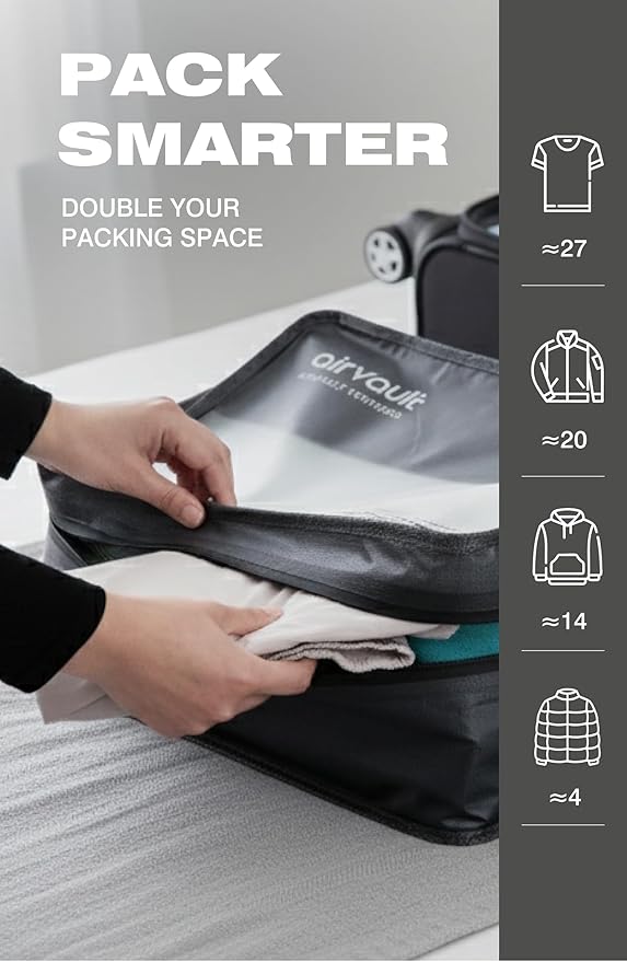 AirVault Travel Pack Vacuum Kit Reusable Air Seal Compression Bags with Wireless Suitcases Backpack Space Saver Vacpack (Gray 21L (2-Pack), 21L (Air Pump Included)