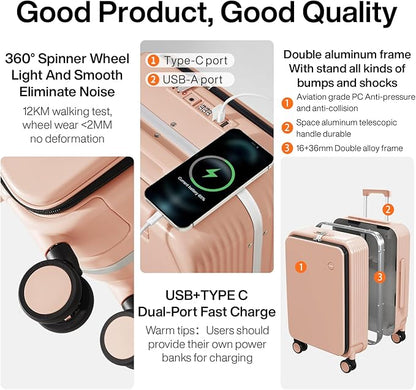 mixi Large Checked Luggage with Cup Phone Holder and Charger Hard Shell Suitcases with Spinner Wheels, 24 Inch Light Pink