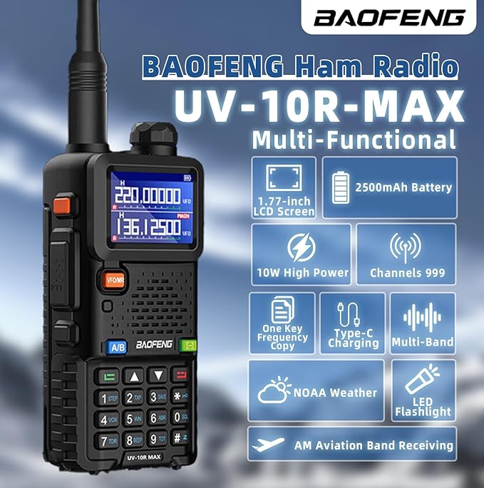 BAOFENG UV-10R MAX Ham Radio Handheld 10W Long Range Tactical NOAA Weather Rechargeable Radios Walkie Talkies with 2500mAh Battery,Type-C Charging for Adults,Survival Gear,Men Birthday Gifts,2 Pack