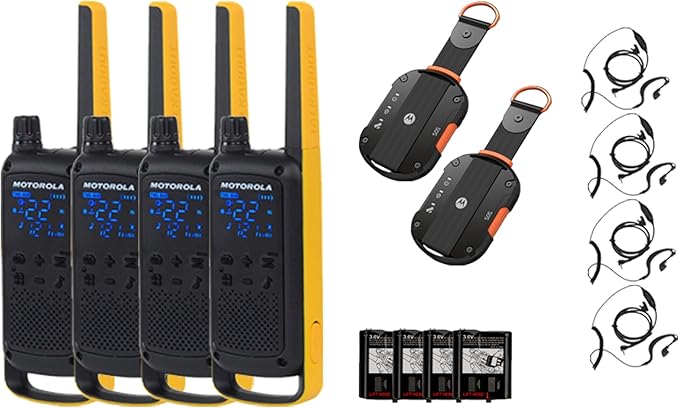 Motorola Talkabout T470 Two Way Radio 4-Pack Walkie Talkies PTT Earpieces with 2 Defy Emergency Satellite GPS Communicators
