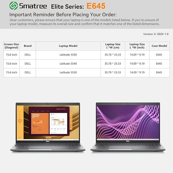 Smatree Laptop Sleeve for 15.6 inch DELL 15 DC15250/DC15255, for 15.6 inch DELL Latitude 5550/5540/5530 Laptop, Computer Case with Accessory Pocket, Patented Super-Corner Design(E645)
