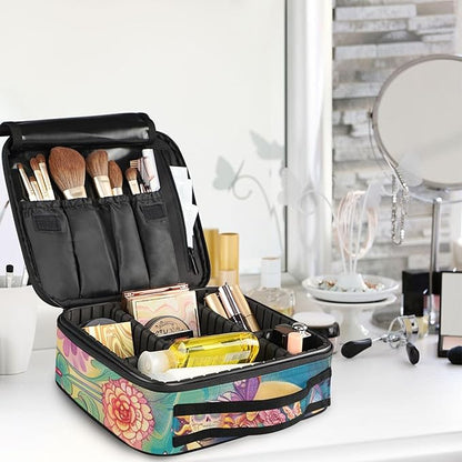 MNSRUU Travel Makeup Bag, Skeleton Woman with Flowers Women Makeup Case Organizer Cosmetic Toiletry Bag for Teenage Girl with Adjustable Dividers