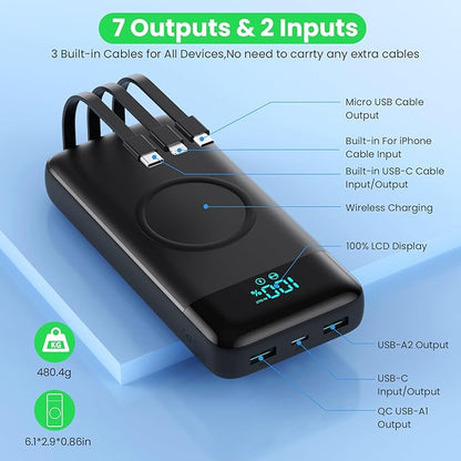 Wireless Portable Charger 40,800mAh with 3 Built-in Cables,15W Wireless Charging 25W PD QC4.0 Fast Charging USB-C Power Bank,7 Outputs Travel Essentials Battery Pack for iPhone 17/16/15/14,Android etc