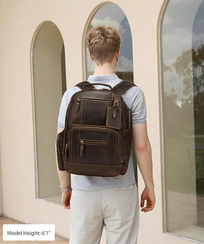 LANNSYNE Vintage Genuine Leather Backpack for men, 15.6" Laptop Backpack Travel Camping 24L Rucksack