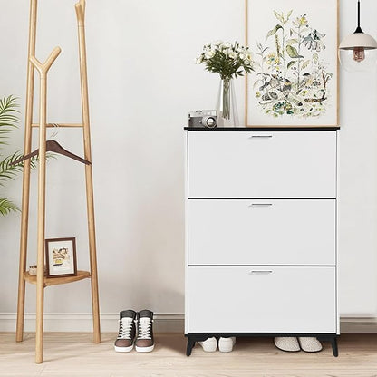 Narrow Shoe Cabinet with 3 Flip Drawers, 47 Inch Tall Freestanding Storage, Farmhouse Style Slim Organizer for Entryway Hallway Closet